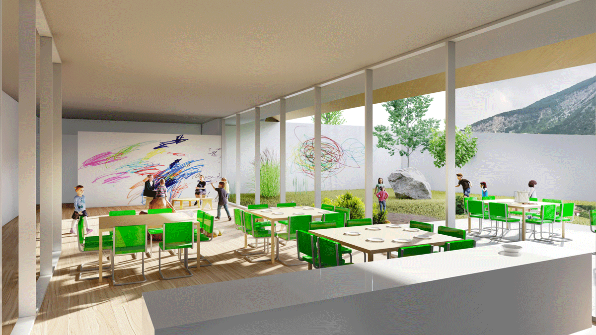 Vista interna della mensa del progetto per una scuola d'infanzia.